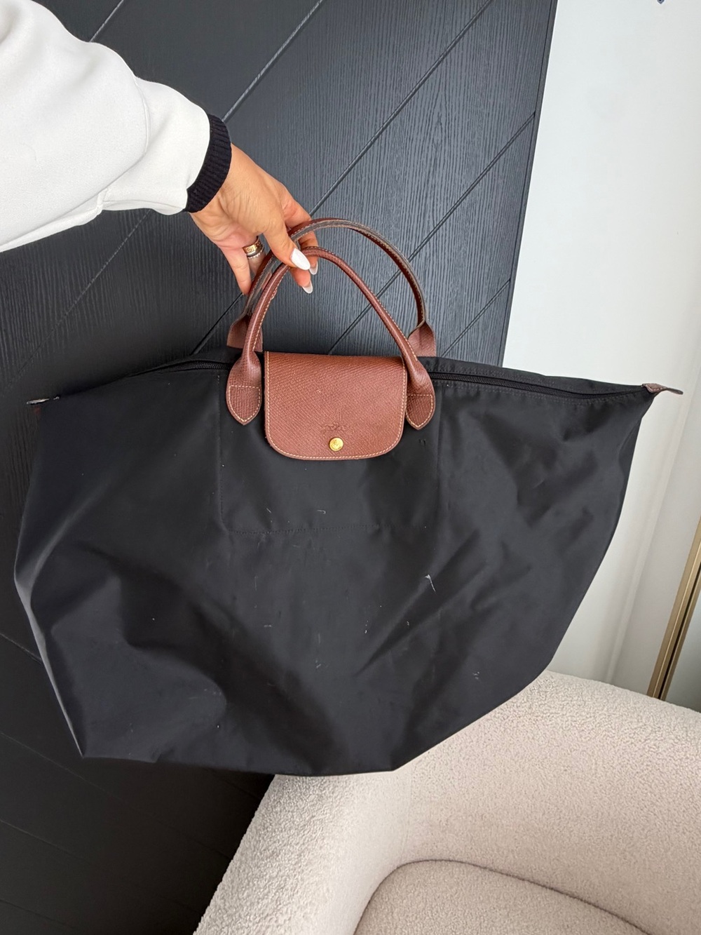 Longchamp Black Nylon Tote with Brown Leather Trim
